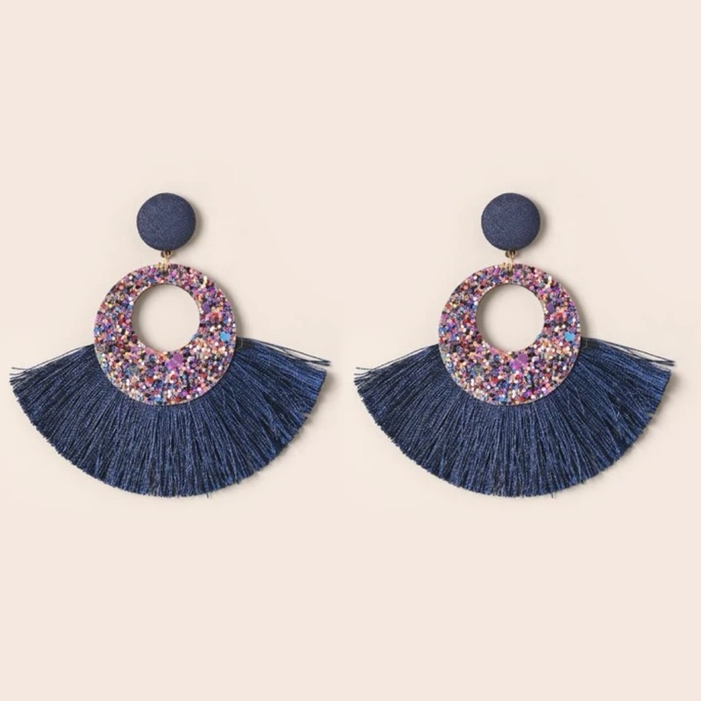 7/$35✨Boho Dazzling Tassel Fringe Blue Multicolor Sequin Statement Earrings NWT - Picture 5 of 10